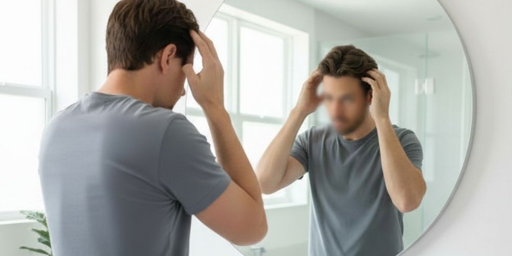 Homme examinant ses cheveux devant un miroir, constatant les signes de chute capillaire